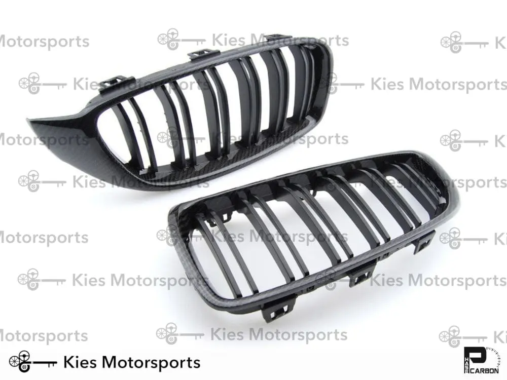 2014-2020 BMW 4 Series (F32 / F33 / F36) M4 Style Carbon Fiber Kidney Grilles (Various Finishes) - Also Fits OEM F82 M4 & F80 M3 - Carbon w/ Tri-Color Slats