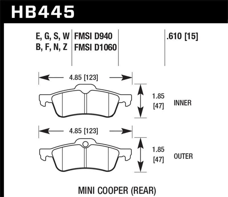 HAWK HAWKHB445N.610 02-06 Mini Cooper / Cooper S HP+ Street Rear Brake Pads №1