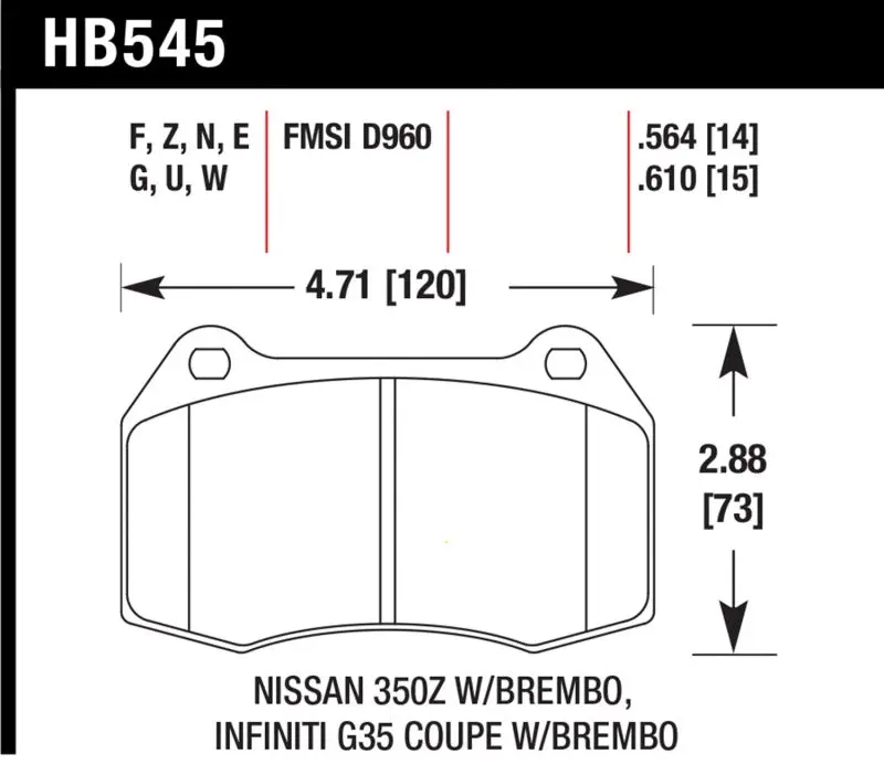 HAWK HAWKHB545U.564 03-04 Infiniti G35 / 04-09 Nissan 350z W/ Brembo Brakes DTC-70 Race Front Brake Pads