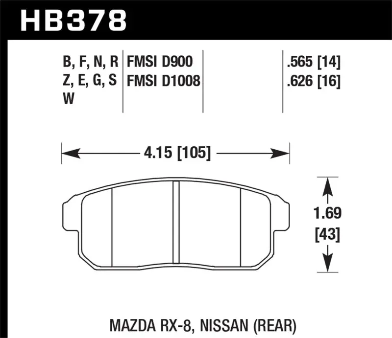 HAWK HAWKHB378N.565 03-07 RX8 HP+ Street Rear Brake Pads (D1008)