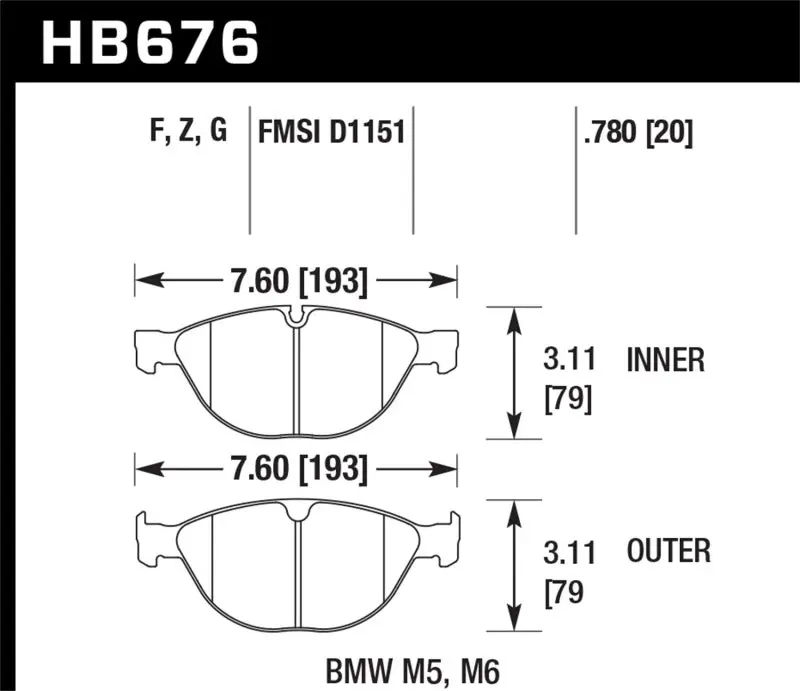 HAWK HAWKHB676G.780 06-10 BMW M5/M6 DC60 Front Brake Pads №1