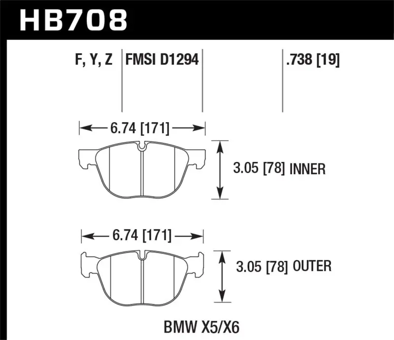 HAWK HAWKHB708F.738 07-08 BMW X5 3.0si/4.8i / 09-13 X5 Xdrive / 08-13 X6 Xdrive HPS Front Brake Pads