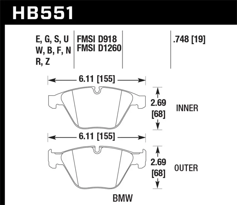 HAWK HAWKHB551N.748 07-09 BMW 335d/335i/335xi / 08-09 328i/M3 HP+ Street Front Brake Pads №1