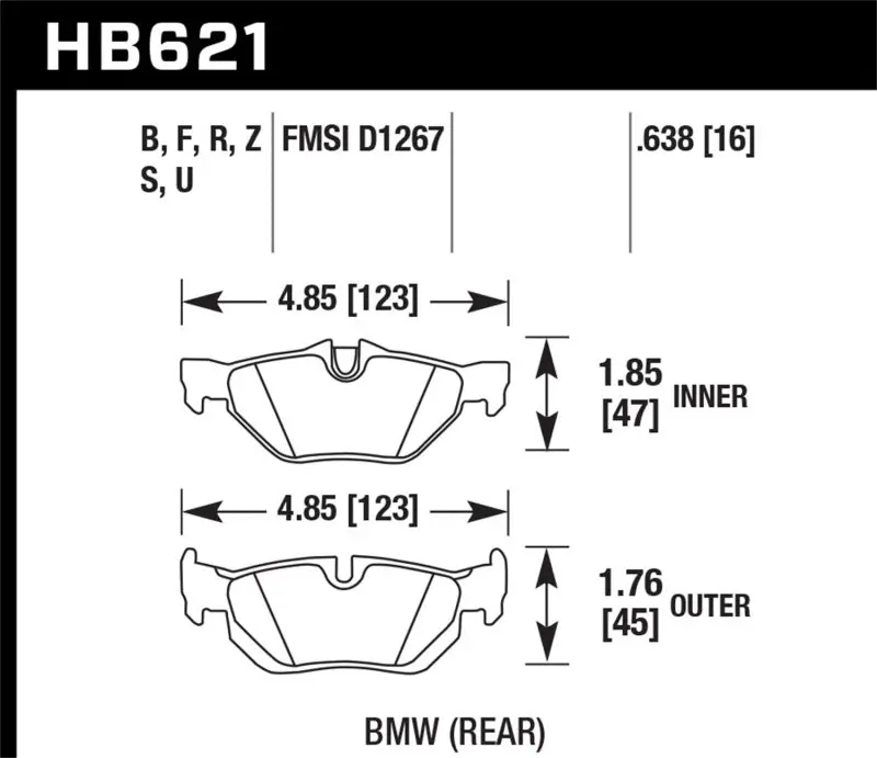 HAWK HAWKHB621F.638 08-11 BMW 128i / 10 BMW 323i / 07-11 BMW 328i / 07-11 BMW 328XI HPS Street Rear Brake Pads №1