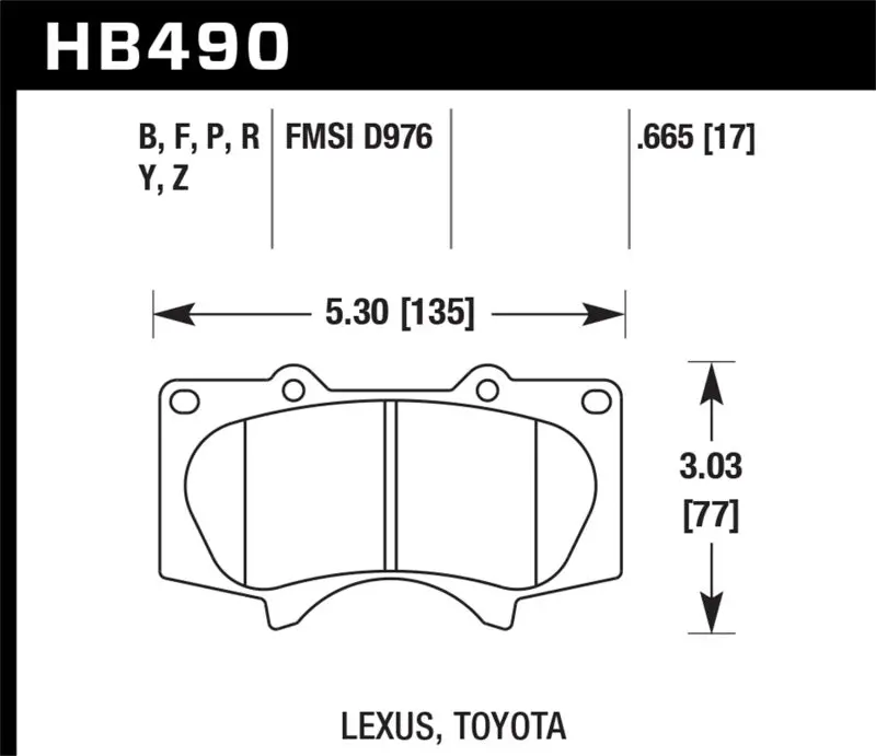 HAWK HAWKHB490Y.665 10 Lexus GX460 / 03-09 Lexus GX470 / 04-10 4Runner 4.0L/4.7L / 07-10 FJ Cruiser 4.0L / 03-07 Se