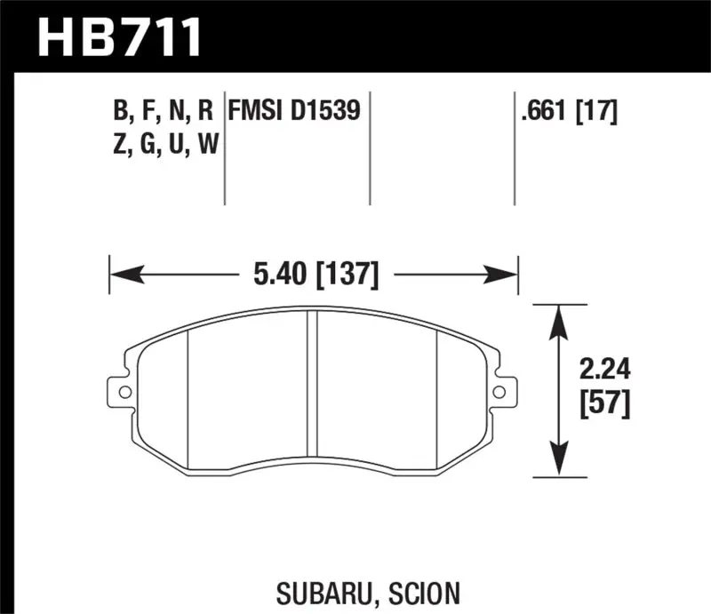 HAWK HAWKHB711W.661 13 Subaru BRZ/13 Legacy 2.5i / 13 Scion FR-S DTC-30 Front Street Brake Pads