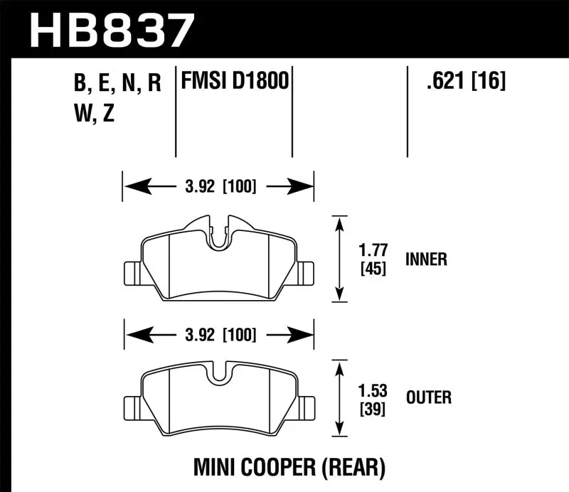 HAWK HAWKHB837B.621 14-17 Mini Cooper HPS 5.0 Rear Brake Pads