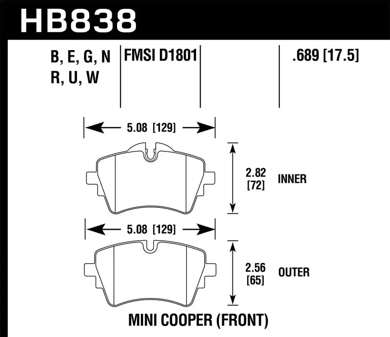 HAWK HAWKHB838B.689 14-17 Mini Cooper S HPS 5.0 Front Brake Pads