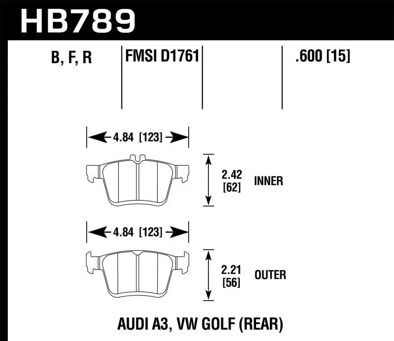 HAWK HAWKHB789Z.600 15-20 Audi A3/S3 Performance Ceramic Street Rear Brake Pads