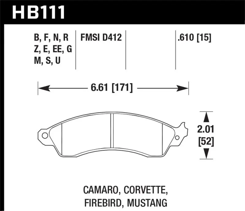 HAWK HAWKHB111B.610 1990-1990 Chevy Camaro Iroc-Z (W/Heavy Duty Brakes) High Perf. Street 5.0 Front Brake Pads №1