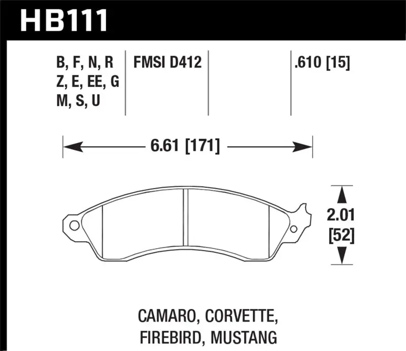 HAWK HAWKHB111B.610 1990-1990 Chevy Camaro Iroc-Z (W/Heavy Duty Brakes) High Perf. Street 5.0 Front Brake Pads №2