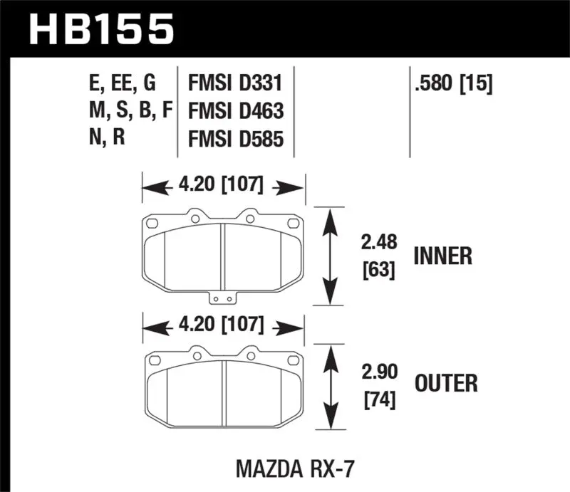 HAWK HAWKHB155B.580 1990-1990 Mazda RX-7 GXL (W/Elec Adjust Susp) HPS 5.0 Front Brake Pads