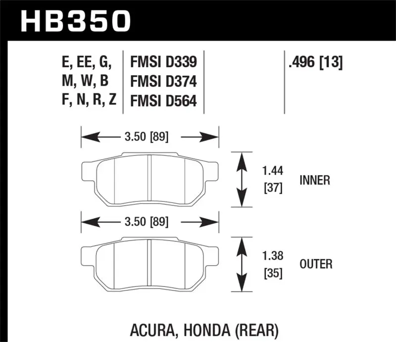 HAWK HAWKHB350B.496 1990-1993 Acura Integra GS HPS 5.0 Rear Brake Pads