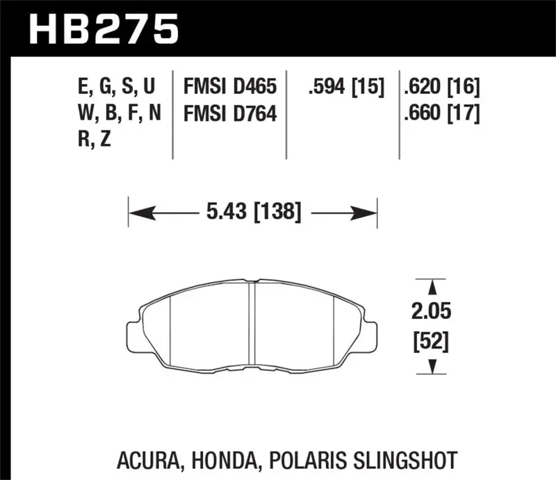 HAWK HAWKHB275B.620 1997-1997 Acura CL 2.2 HPS 5.0 Front Brake Pads №1