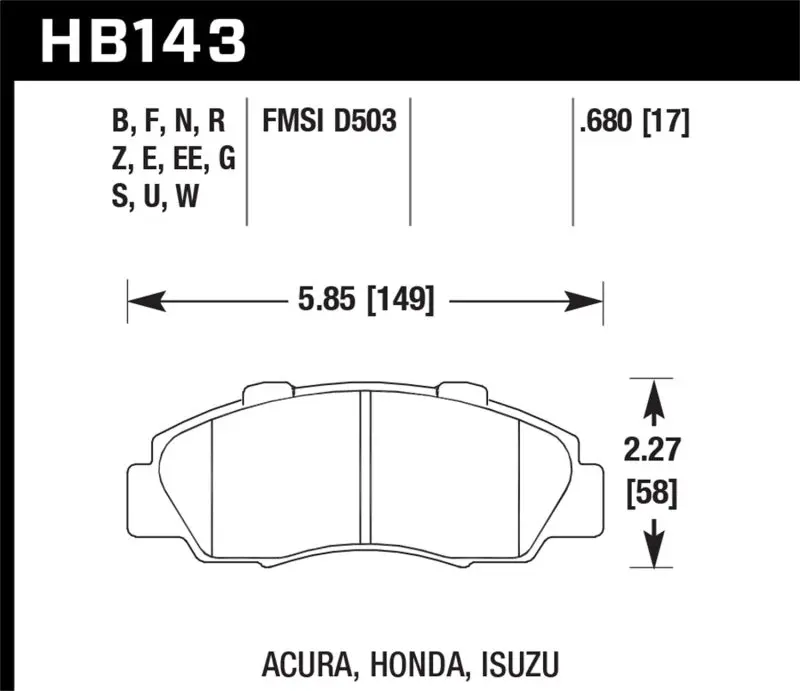 HAWK HAWKHB143B.680 1997-1997 Acura CL 3.0 HPS 5.0 Front Brake Pads