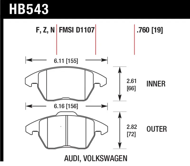 HAWK HAWKHB543B.760 2006-2009 Audi A3 TFSIi Quattro 2.0 HPS 5.0 Front Brake Pads №1