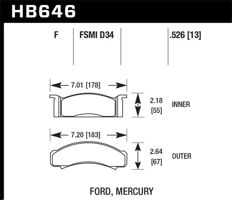 HAWK HAWKHB646F.526 68-73 Ford Mustang / 68-71 Torino / 68-71 Montego / 68-73 Cougar HPS Street Front Brake Pads №2