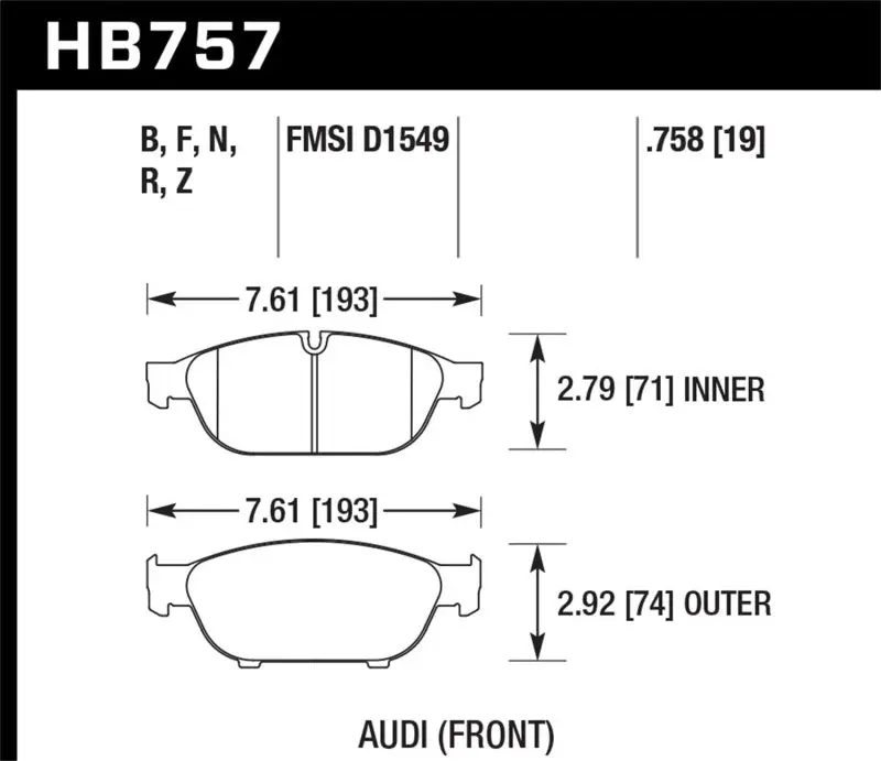 HAWK HAWKHB757B.758 Audi 2013 A5 Quattro / 12-16 A6 Quattro/A7 Quattro/A8 Quattro HPS 5.0 Front Brake Pads