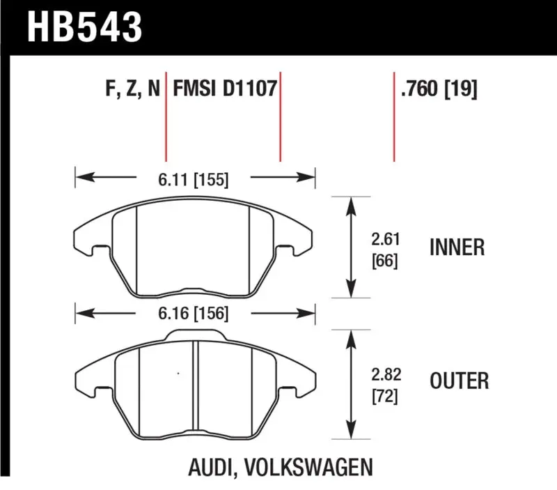 HAWK HAWKHB543Z.760 Audi A3 Quattro / VW EOS / Golf / Jetta / Passat / Rabbit Performance Ceramic Front Brake Pads №2