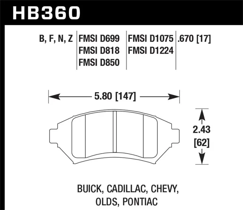 HAWK HAWKHB360F.670 Buick/ Cadillac/ Chevy/ Olds/ Pontiac Front HPS Brake Pads