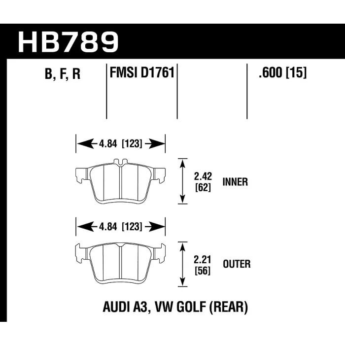 HAWK HB789B.600 Тормозные колодки HPS 5.0 задние для AUDI RS3 / A3 Quattro / TTS 2015-2018 / VW Golf GTI Mk7