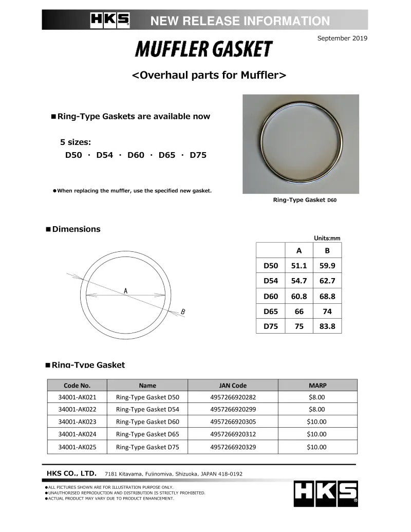 HKS HKS34001-AK021 Muffler Gasket 51.1mm ID 59.9mm OD №1