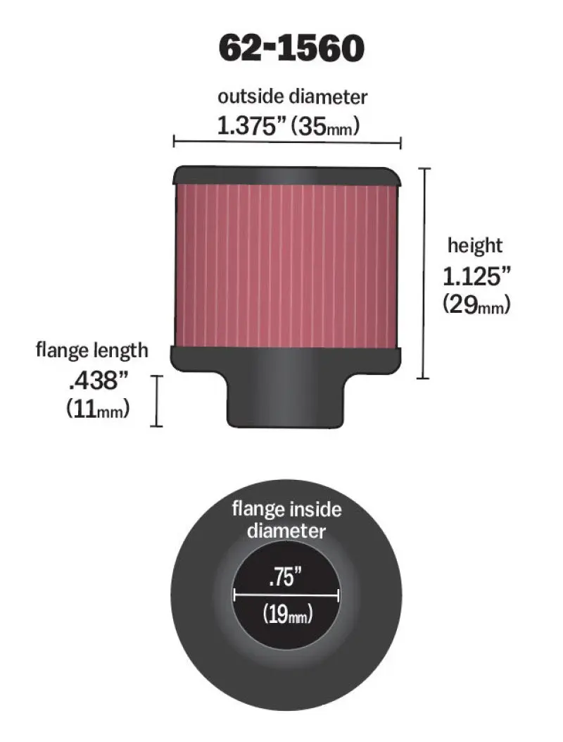 K&N KNN62-1560 0.75 Inch ID 1.375 Inch OD 1.125 Inch H Clamp On Crankcase Vent Filter №14