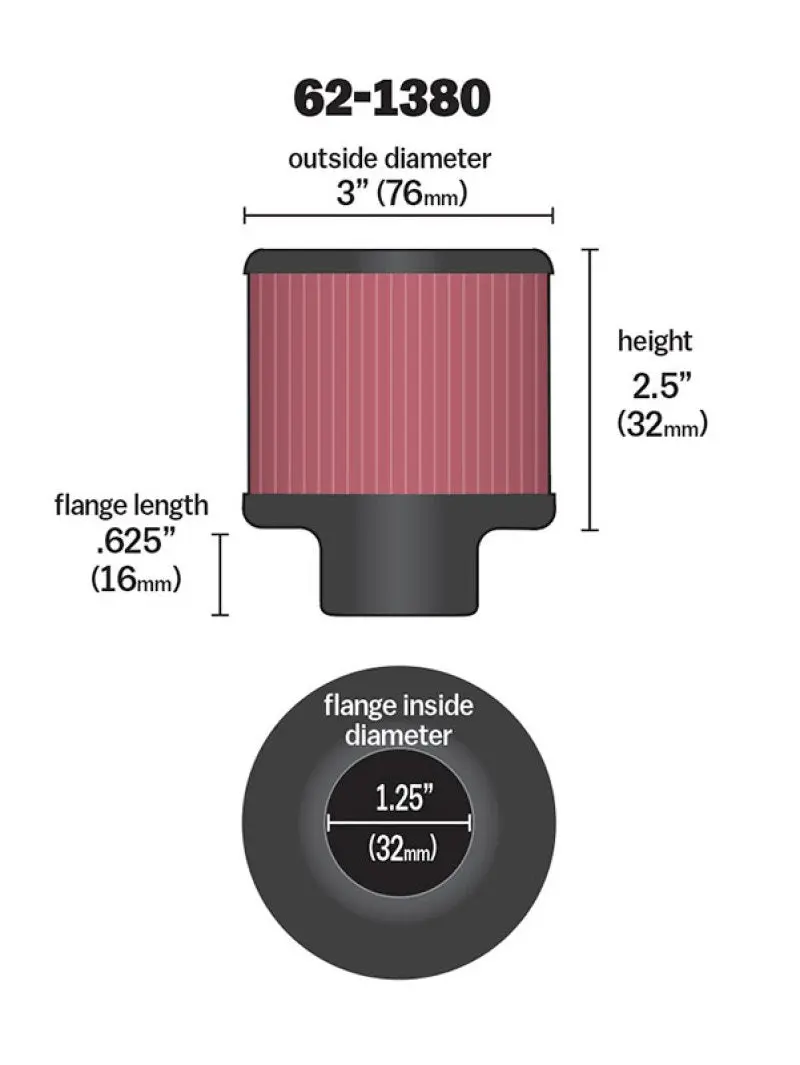 K&N KNN62-1380 1.25in Flange ID X 3in OD X 2.5 Inch H Rubber Base Crankcase Vent Filter №1