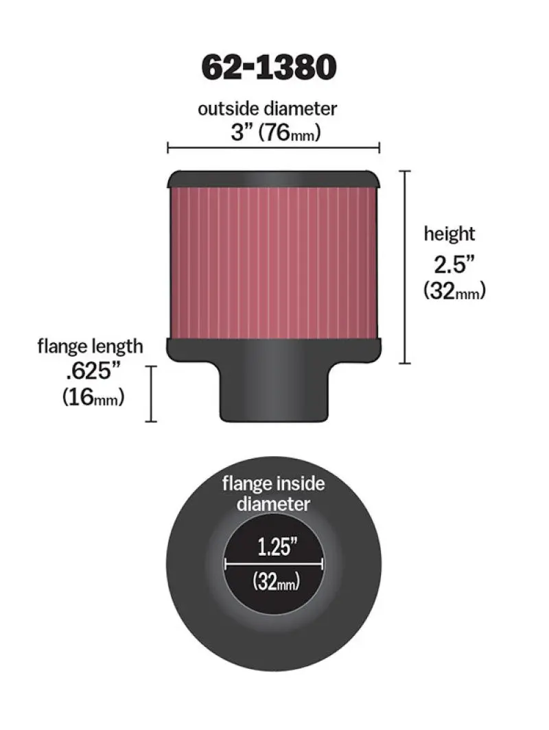 K&N KNN62-1380 1.25in Flange ID X 3in OD X 2.5 Inch H Rubber Base Crankcase Vent Filter №5