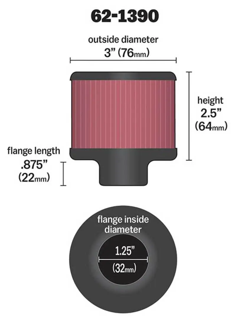 K&N KNN62-1390 1.25in Flange ID X 3in OD X 2.5in H Rubber Base Crankcase Vent Filter №15