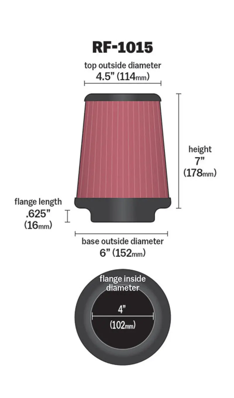 K&N KNNRF-1015 6 Inch OD-Base 4 1/2 Inch OD-Top 7 Inch H Round Tapered Universal Air Filter №14