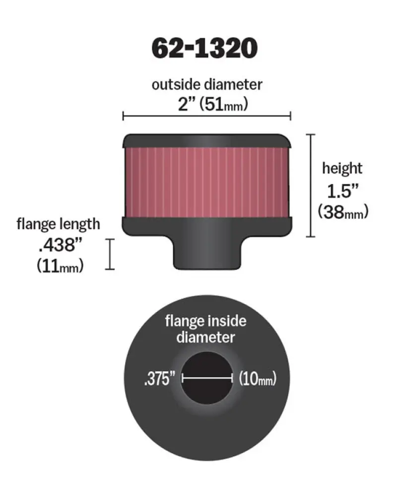 K&N KNN62-1320 Clamp On Rubber Base Crankcase Vent Filter 0.375in Flange ID X 2in OD X 1.5in Height