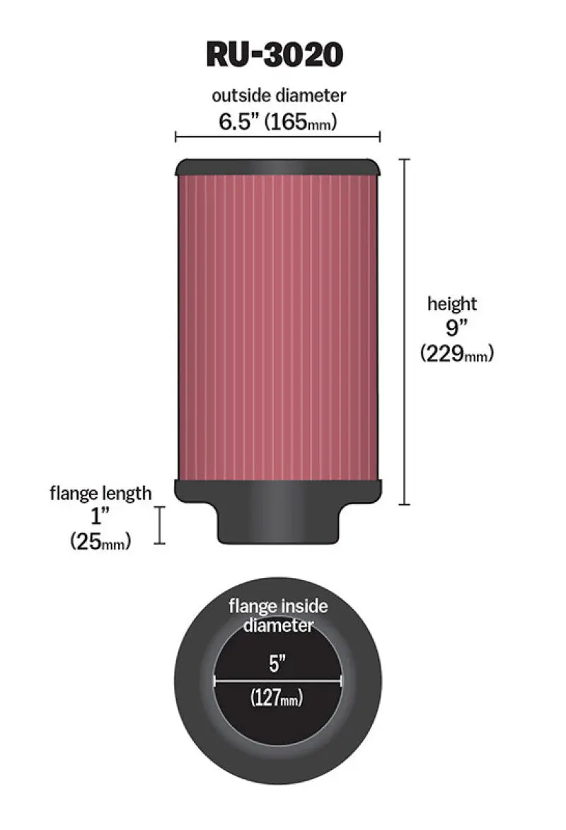 K&N KNNRU-3020 Filter 2 1/4inch 10 Degree Flange 16 1/4inch X 4inch - 4 1/2inch Height