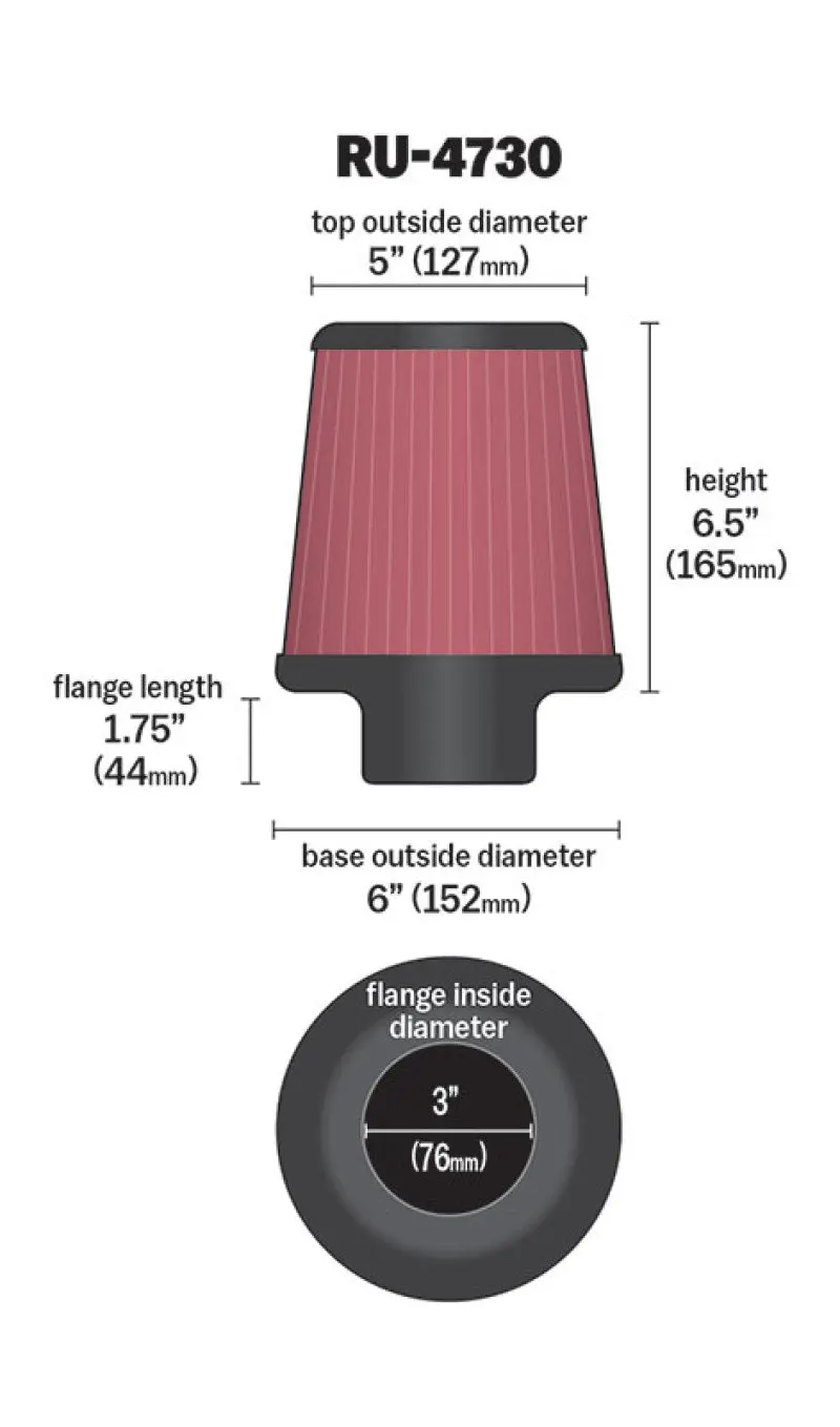 K&N KNNRU-4730 Filter 3 Inch Flange 6 Inch Base 5 Top 6 1/2 Inch Height