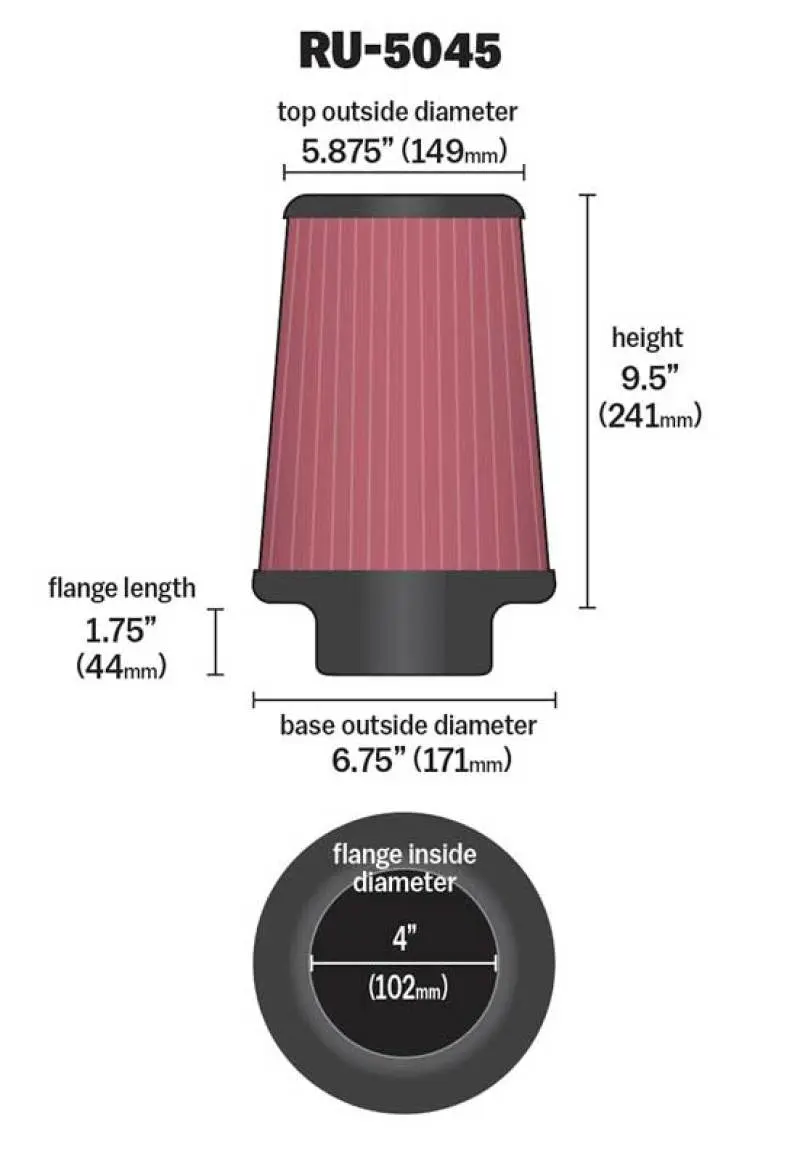 K&N KNNRU-5045 Filter 4 Inch Flange 6 3/4 Inch OD Base 5 7/8 Inch OD Top 9 1/2 Inch Height №7