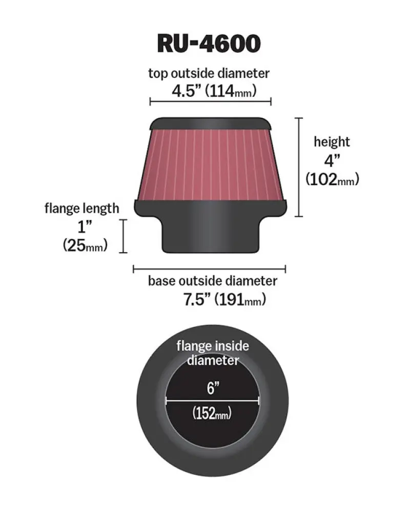 K&N KNNRU-4600 Filter 6 Inch Flange 7.5 Inch Base 4.5 Top 4 Inch Height №5