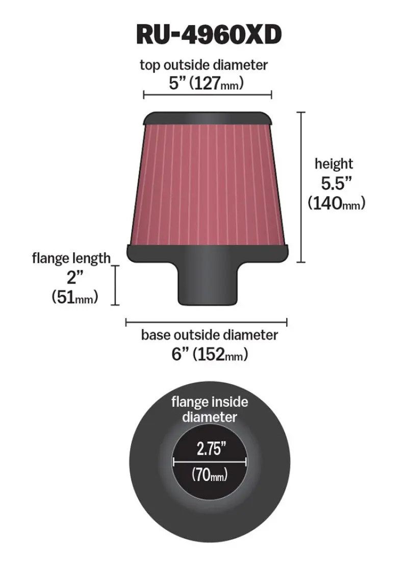 K&N KNNRU-4960XD Filter Universal Clamp-On Filter-Round Tapered 2.75in Flange ID X 6in Base OD X 5in Top OD №1