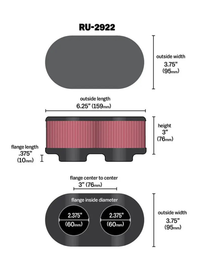 K&N KNNRU-2922 Filter Universal Filter 2 3/4 Inch Dual Flange GSXR Oval (2/Box) №12