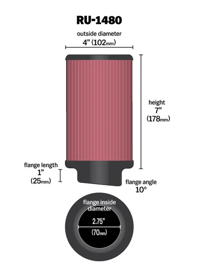 K&N KNNRU-1480 Filter Universal Rubber Filter 10 Degree Flange Angle 4in OD X 2.75in Flange ID X 7in H №2