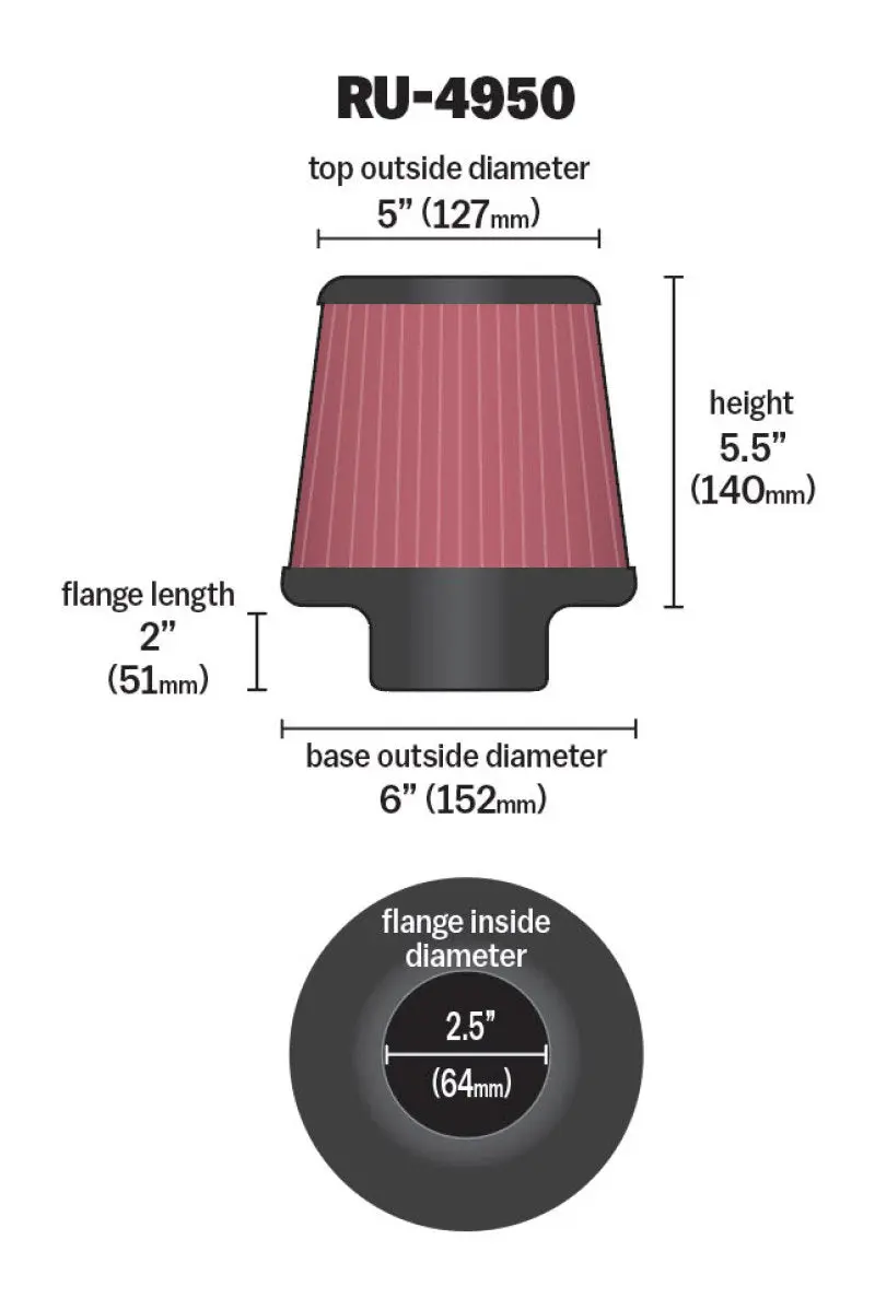 K&N KNNRU-4950 Filter Universal Rubber Filter 2 1/2 Inch Flange 6 Inch Base 5 Inch Top 5 1/2 Inch Height №13