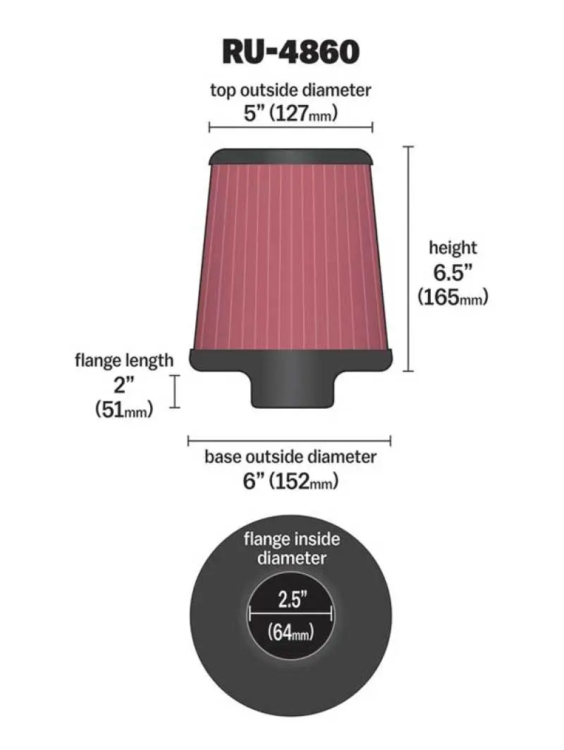 K&N KNNRU-4860 Filter Universal Rubber Filter 2 1/2 Inch Flange 6 Inch Base 5 Inch Top 6 1/2 Inch Height №11