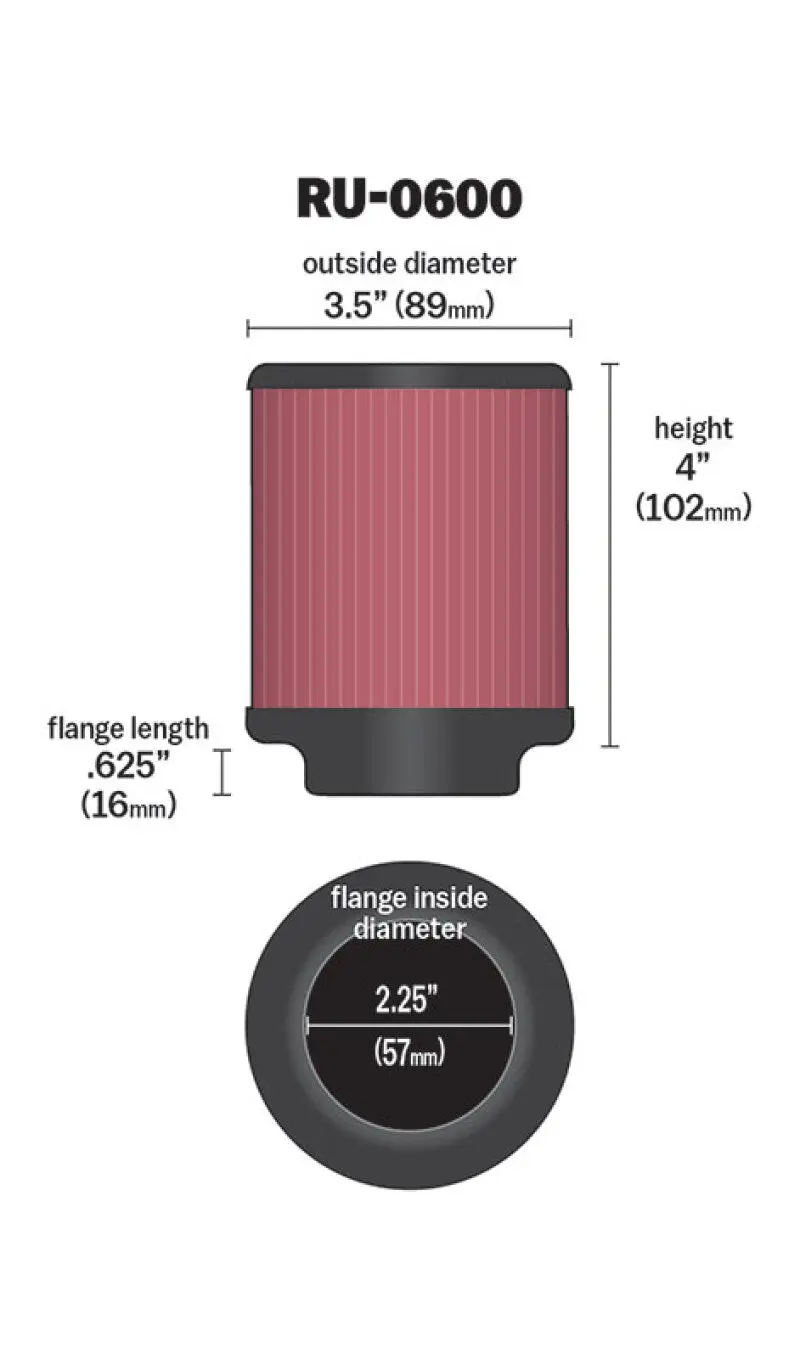 K&N KNNRU-0600 Filter Universal Rubber Filter 2 1/4 Inch Flange 3 1/2 Inch OD 4 Inch Height №10