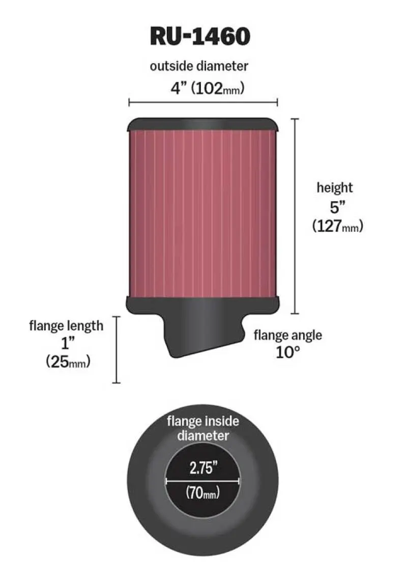 K&N KNNRU-1460 Filter Universal Rubber Filter 2 3/4 Inch 10 Degree Flange 4 Inch OD 5 Inch Height №3