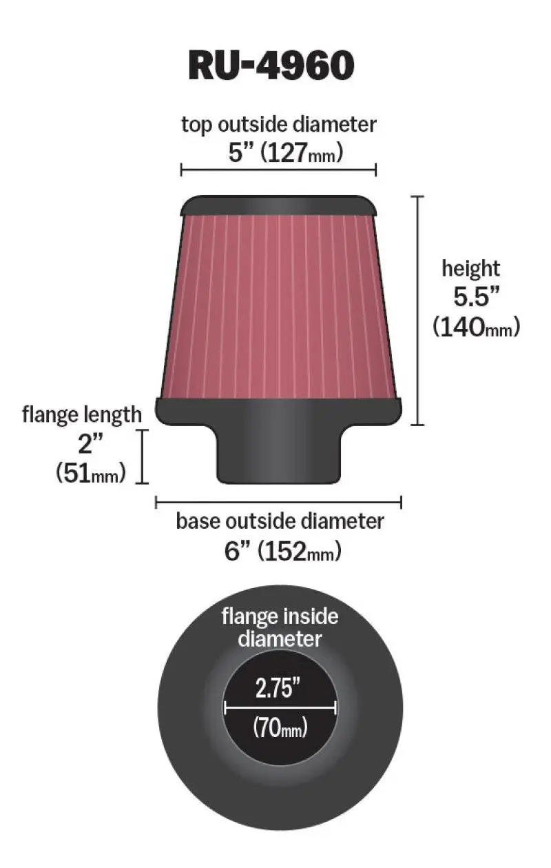 K&N KNNRU-4960 Filter Universal Rubber Filter 2 3/4 Inch Flange 6 Inch Base 5 Inch Top 5 1/2 Inch Height №22