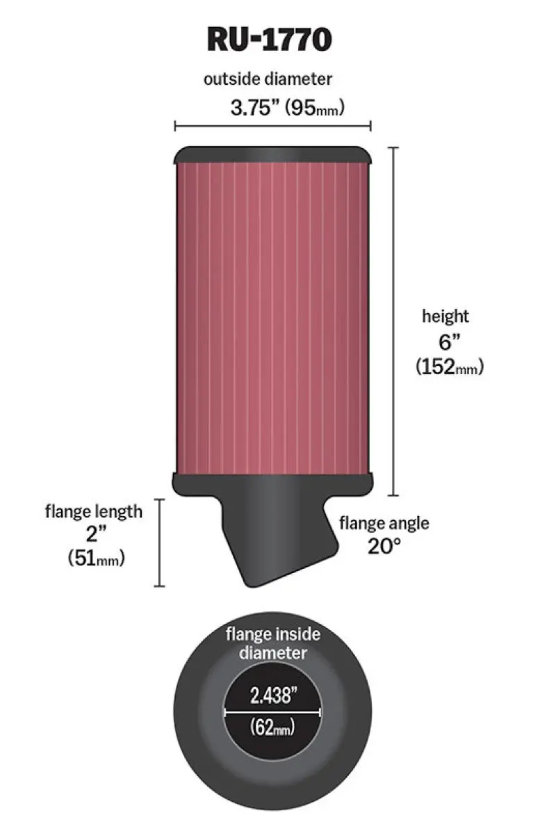 K&N KNNRU-1770 Filter Universal Rubber Filter 2 7/16 Inch 20 Degree Flange 3 3/4 Inch OD 6 Inch Height №3