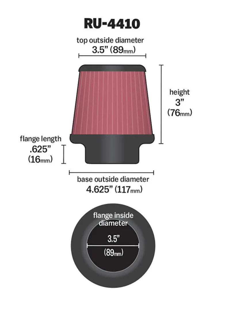 K&N KNNRU-4410 Filter Universal Rubber Filter 3 1/2 Inch Flange 4 5/8 Inch Base 3 1/2 Inch Top 3 Inch Height №3