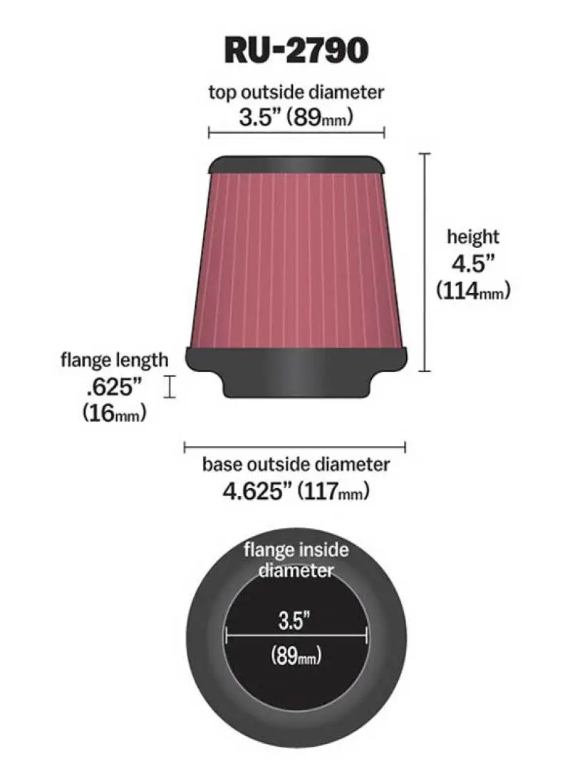 K&N KNNRU-2790 Filter Universal Rubber Filter 3 1/2 Inch Flange 4 5/8 Inch Base 3 1/2 Inch Top 4 1/2 Inch Heigh