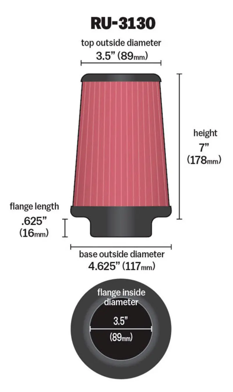 K&N KNNRU-3130 Filter Universal Rubber Filter 3 1/2 Inch Flange 4 5/8 Inch Base 3 1/2 Inch Top 7 Inch Height №16