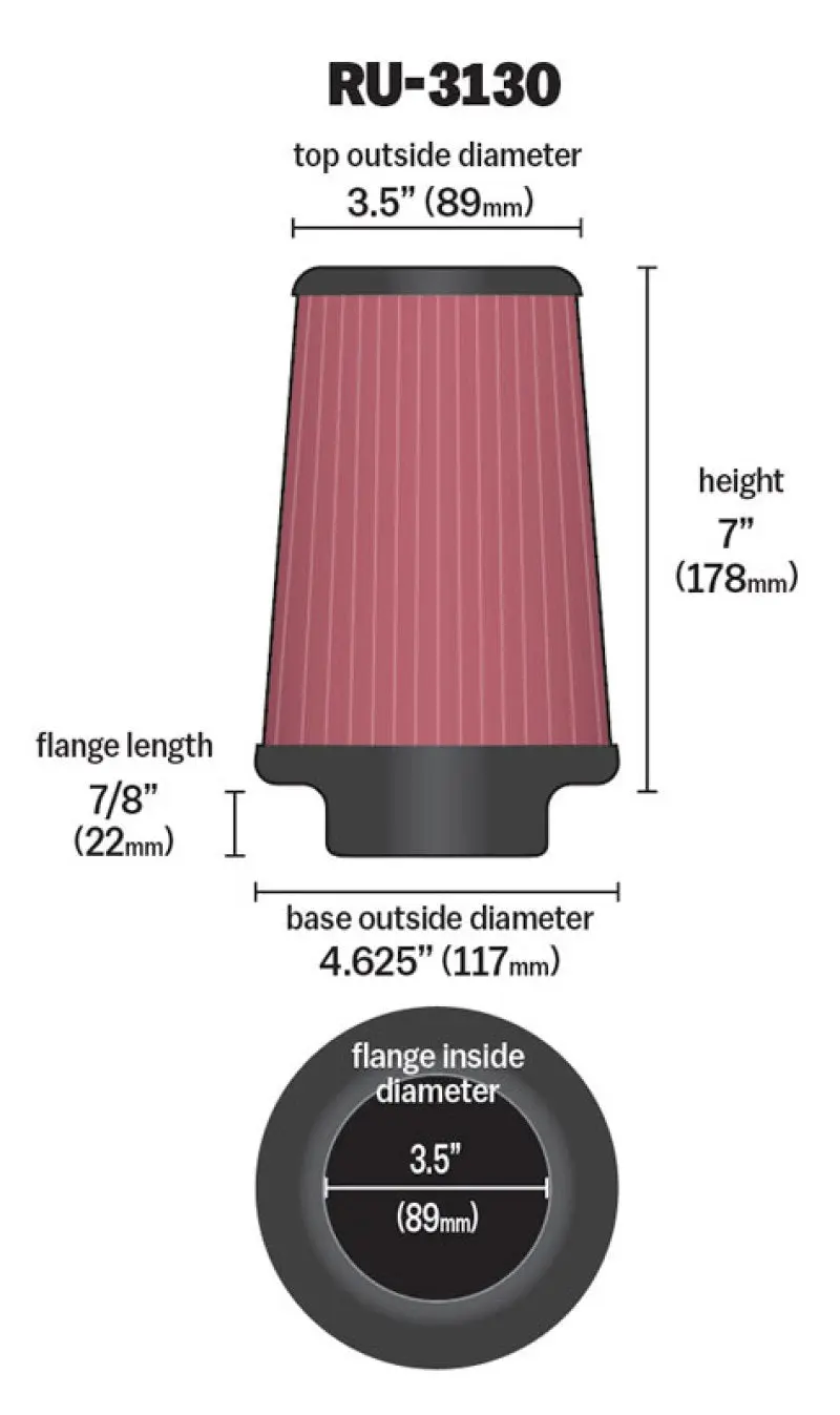 K&N KNNRU-3130 Filter Universal Rubber Filter 3 1/2 Inch Flange 4 5/8 Inch Base 3 1/2 Inch Top 7 Inch Height №4