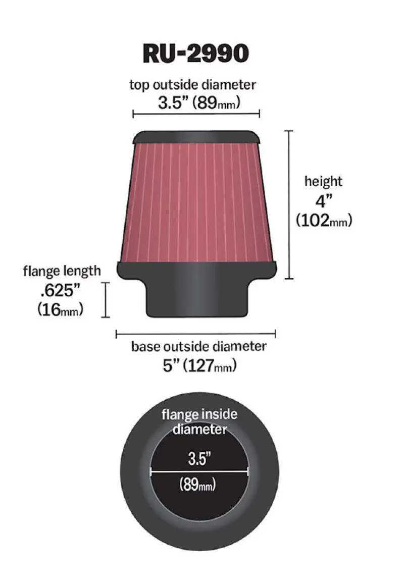 K&N KNNRU-2990 Filter Universal Rubber Filter 3 1/2 Inch Flange 5 Inch Base 3 1/2 Inch Top 4 Inch Height №16